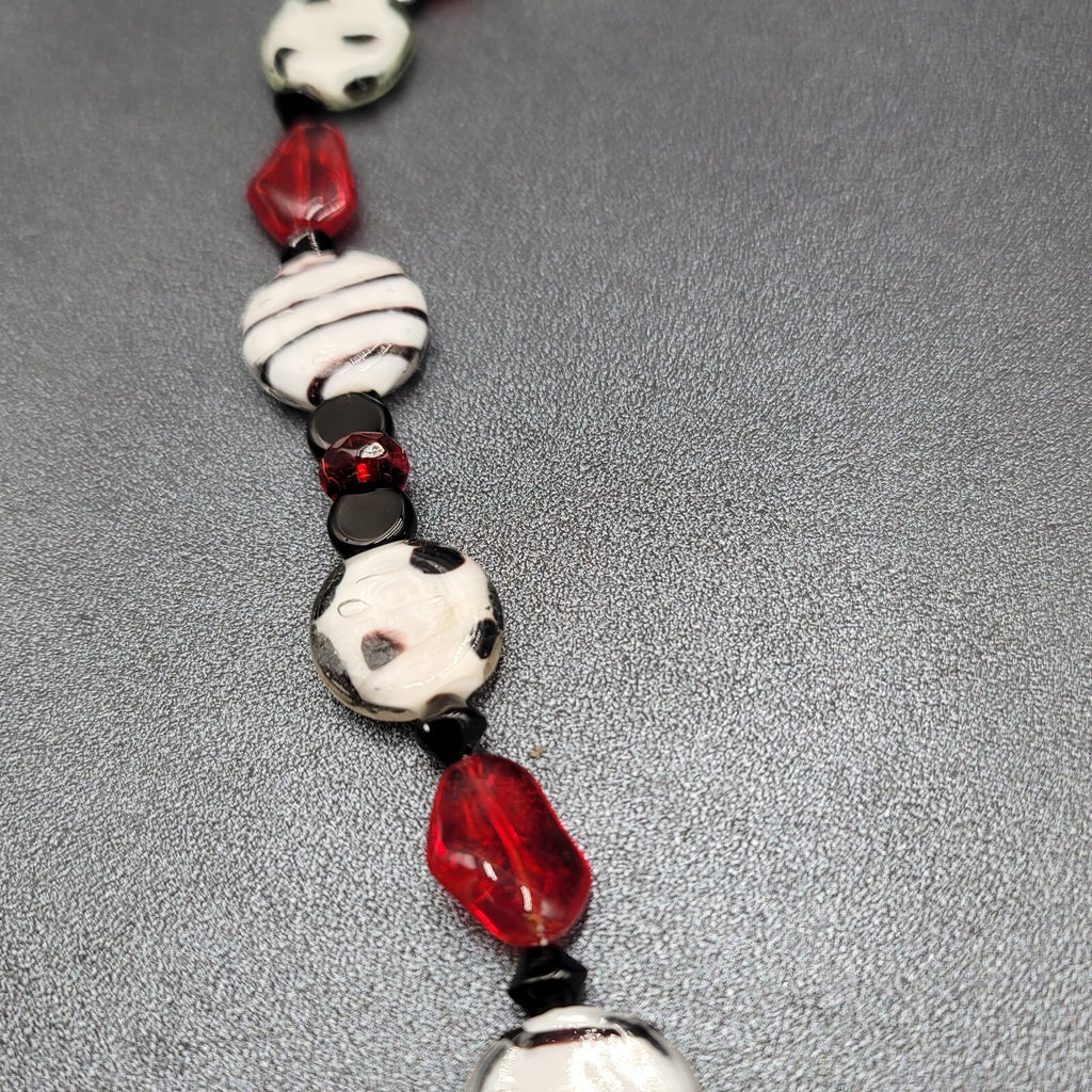 Black White Red Glass Bead Statement Necklace 26 in Toggle Clasp
