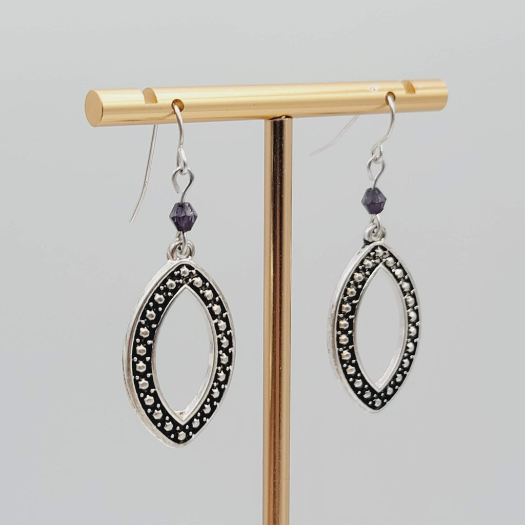 Oxidized Open Work Pierced Earrings Silver tone Dangle Purple Bead 1 1/8 in