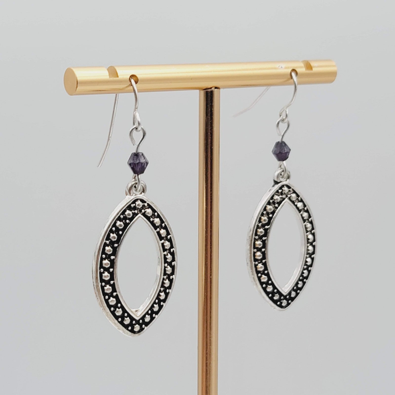 Oxidized Open Work Pierced Earrings Silver tone Dangle Purple Bead 1 1/8 in