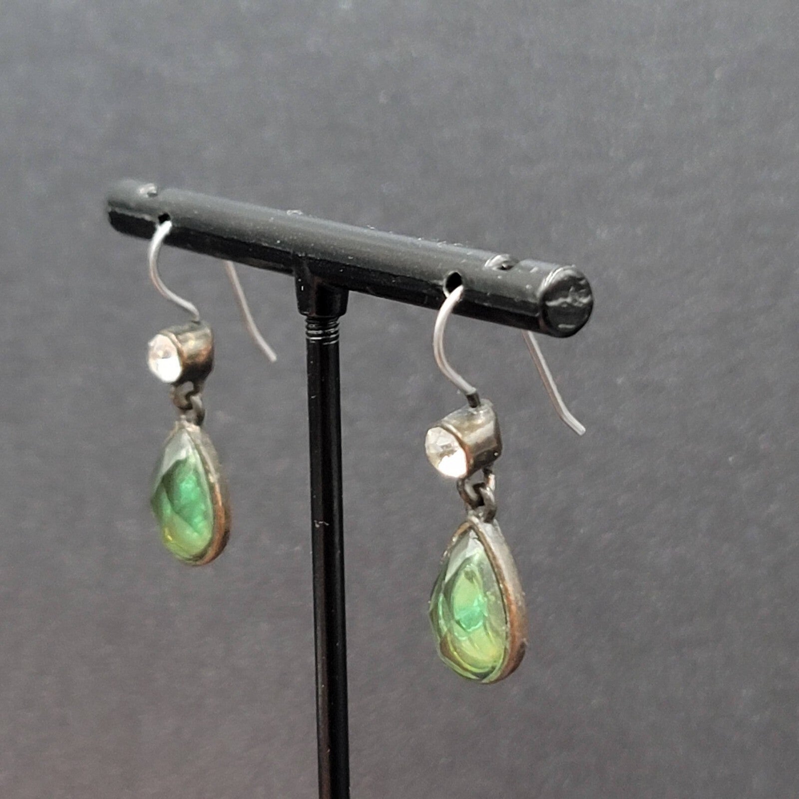 Pierced Earrings Bronze tone Green Faceted Teardrop Stone 3/4"