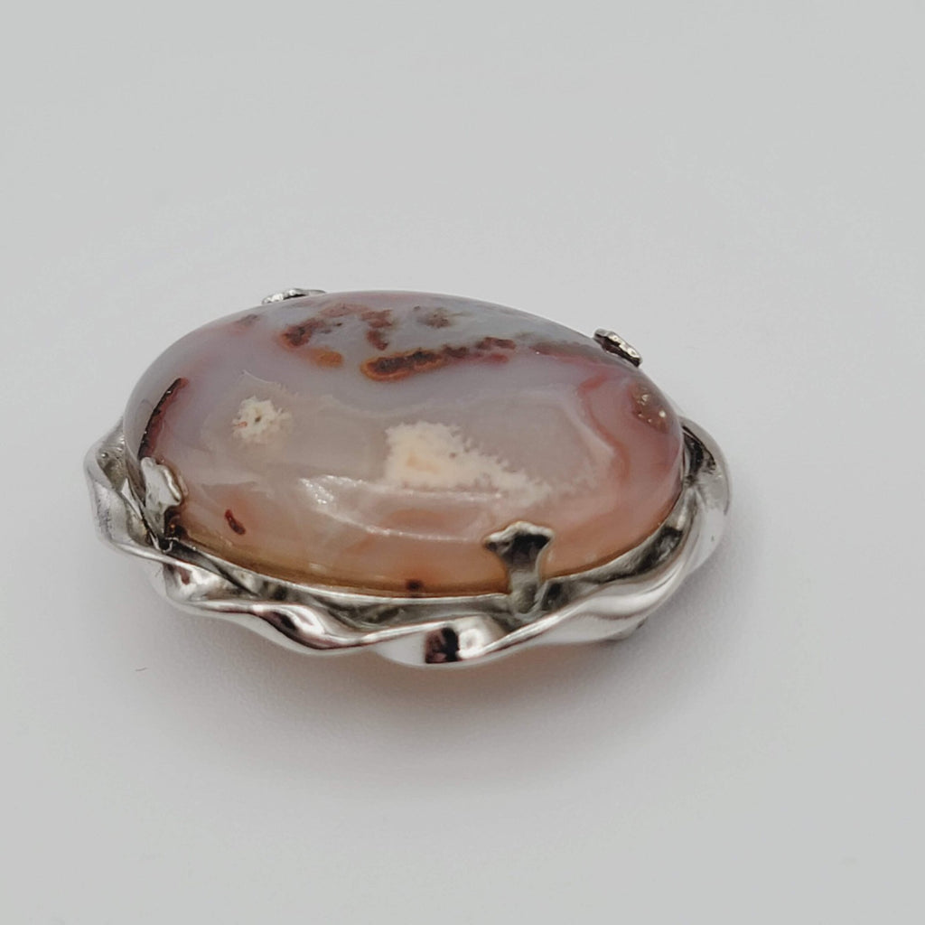 Vintage Natural Stone Lace Agate Brooch Silver Tone Pin 1.25 in
