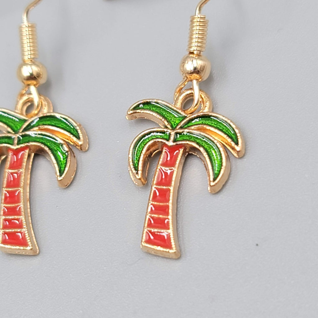 Enamel Palm Tree Pierced Earrings Gold tone Dangle Red Trunk 3/4"