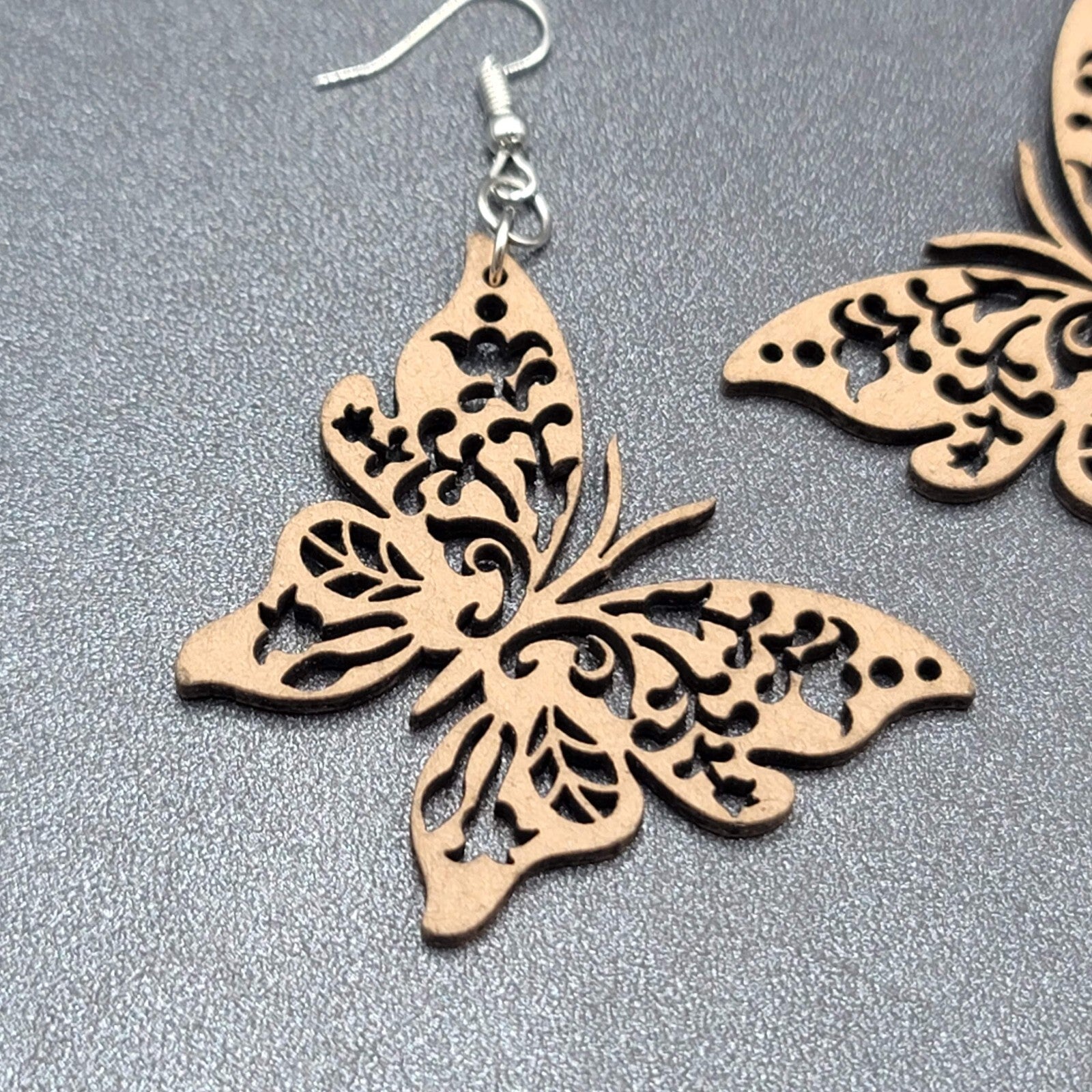 Butterfly Pierced Earrings Laser Cut Wood Dangle Large 2"