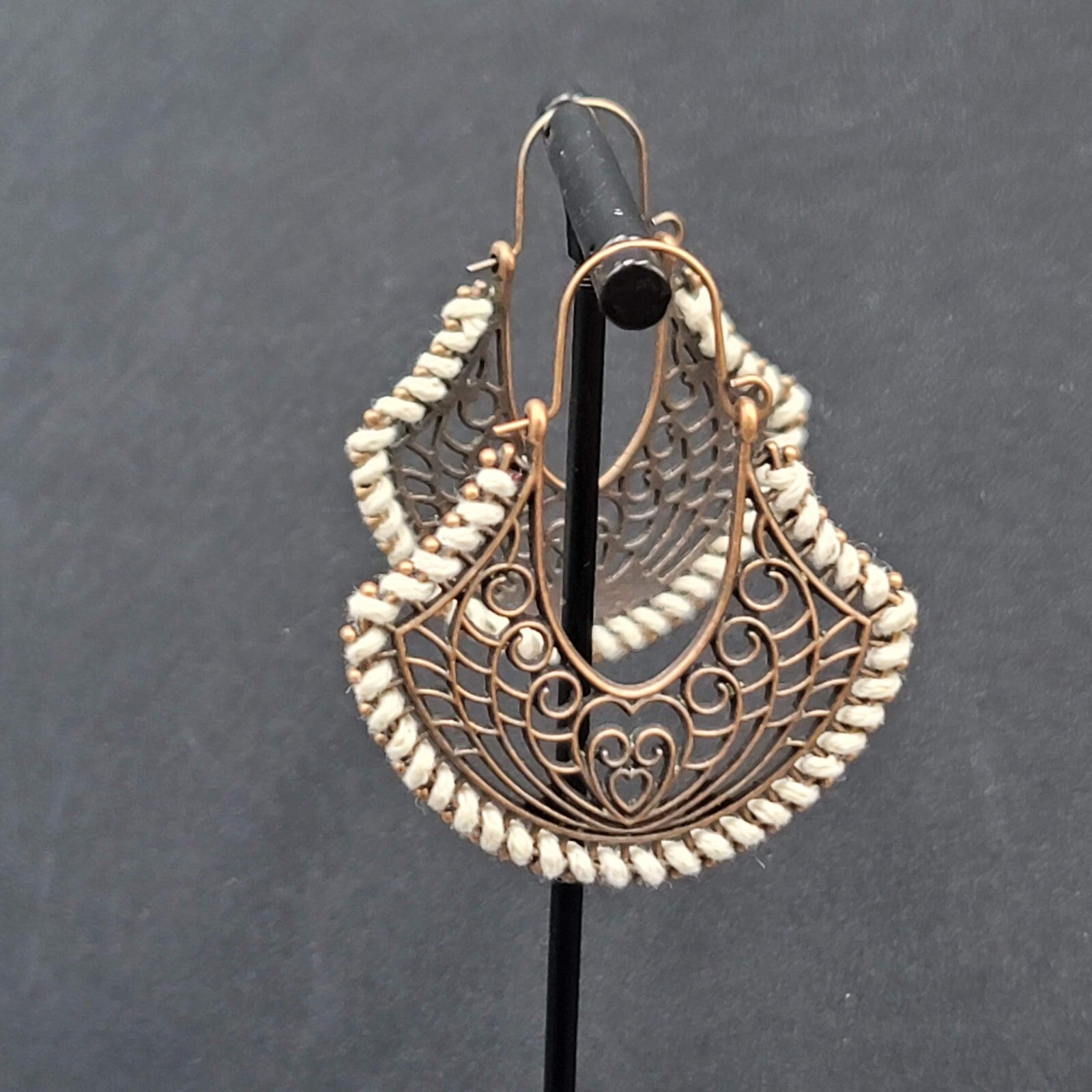 New Boho Pierced Earrings Bronze tone Open Work White Thread Hoops Dangle 1.75"