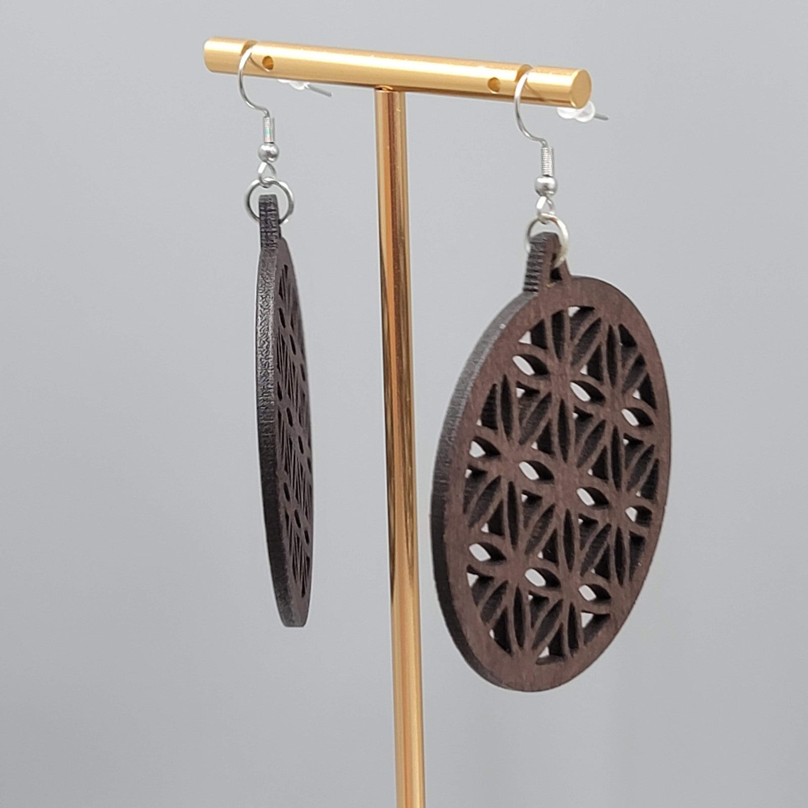 Wood Cut Large Boho Pierced Earrings Silver tone Dangle 2.25 in