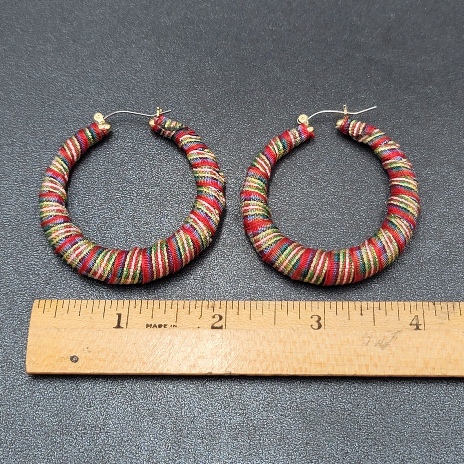 Pierced Earrings Plaid Fabric Wrapped Large Hoops  2"