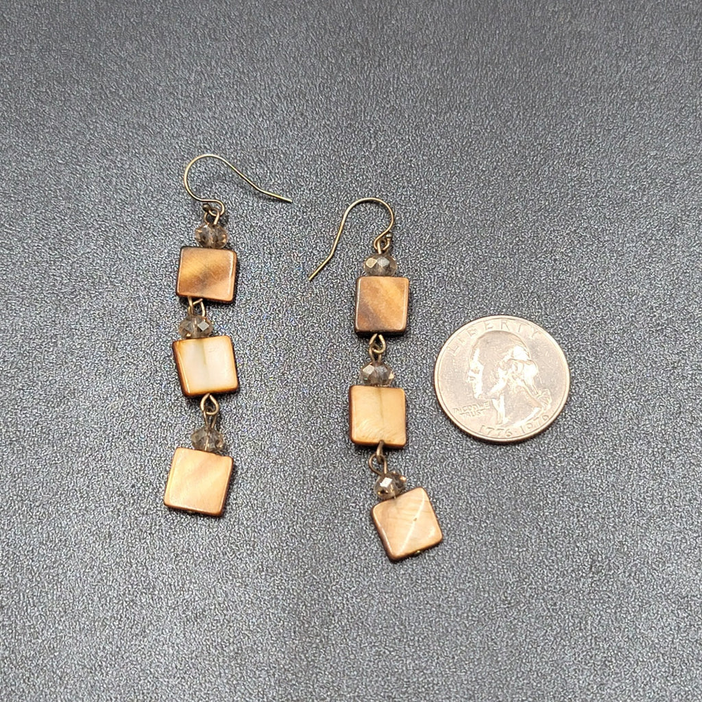 Pierced Earrings Brown Square Seashell Beads Dangle 2 3/8"