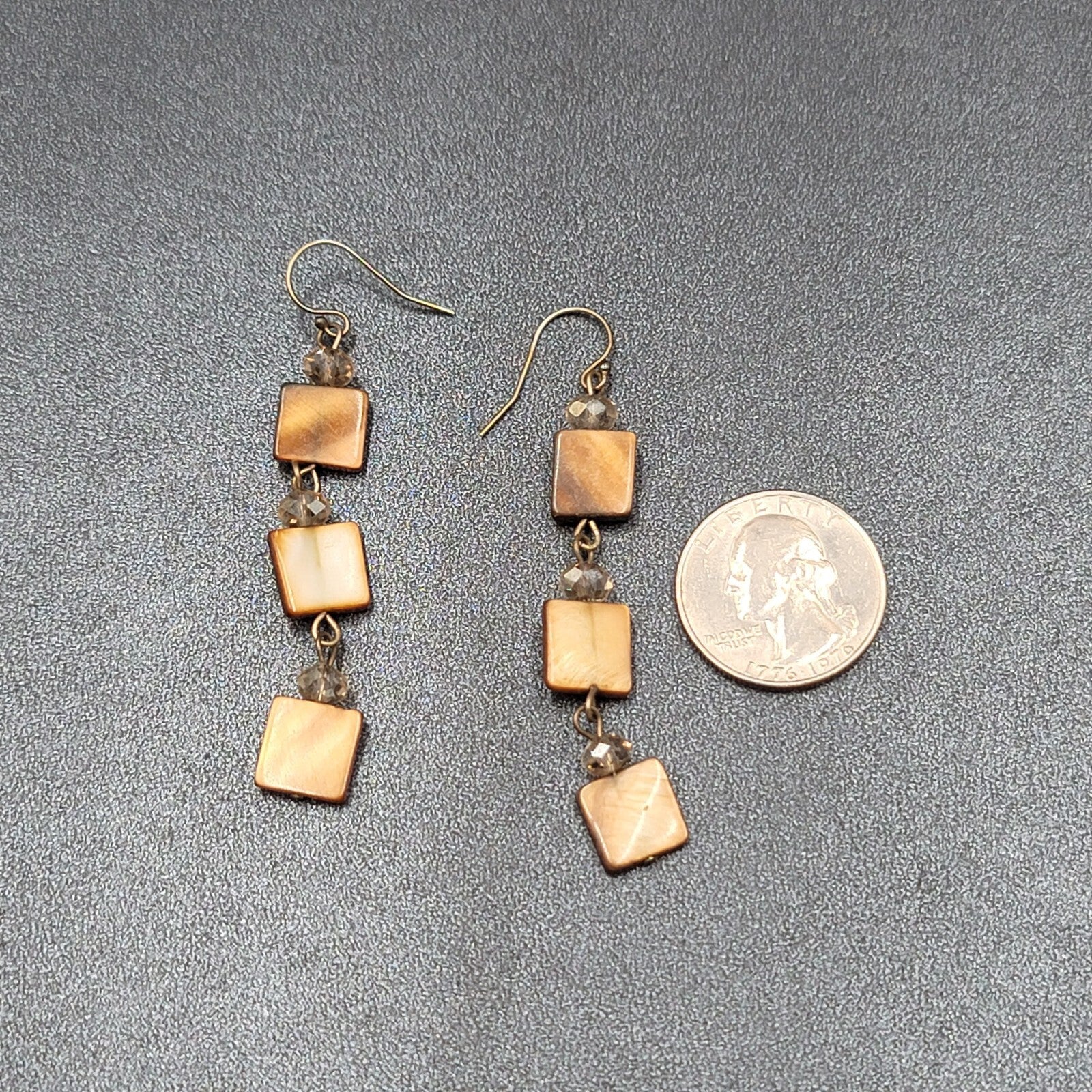 Pierced Earrings Brown Square Seashell Beads Dangle 2 3/8"