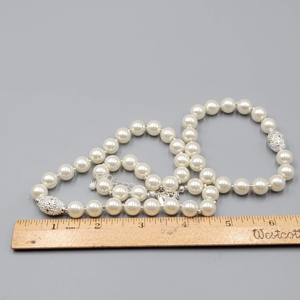 White Beads Silver tone Rhinestone Necklace and Bracelet Set Faux Pearl