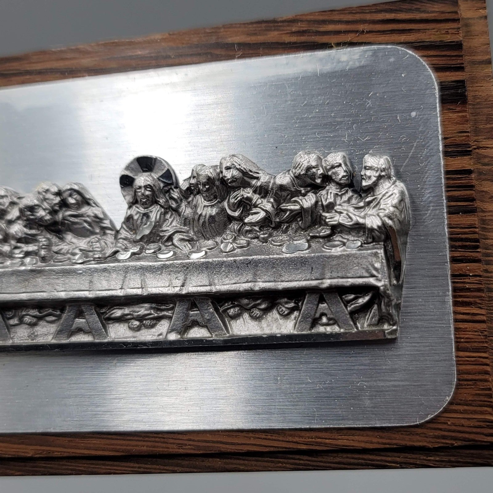 Pewter Last Supper Plaque Wood Tabletop Relief Christian Decor A1 JEARY Easel