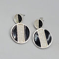 Pierced Earrings Silver tone Dangle Black Enamel Round 1 1/8"