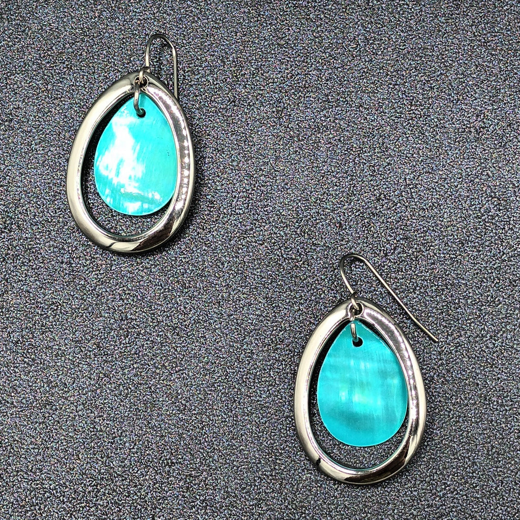 Pierced Earrings Silver tone Blue Teardrop Shell Dangle 1.25"