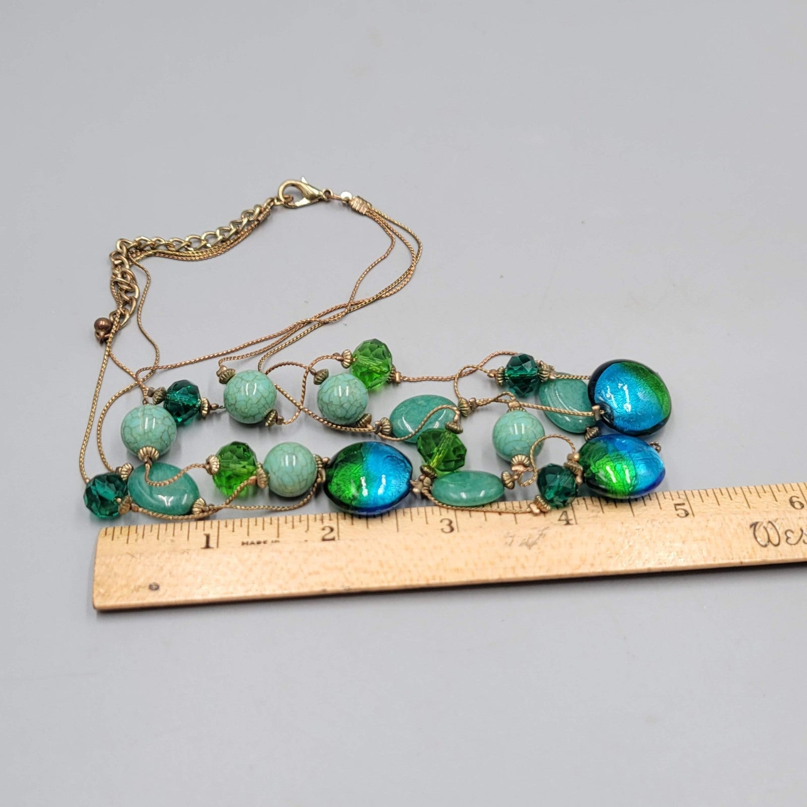 Triple Chain Blue Green Glass Bead Necklace Gold tone 16"-18"