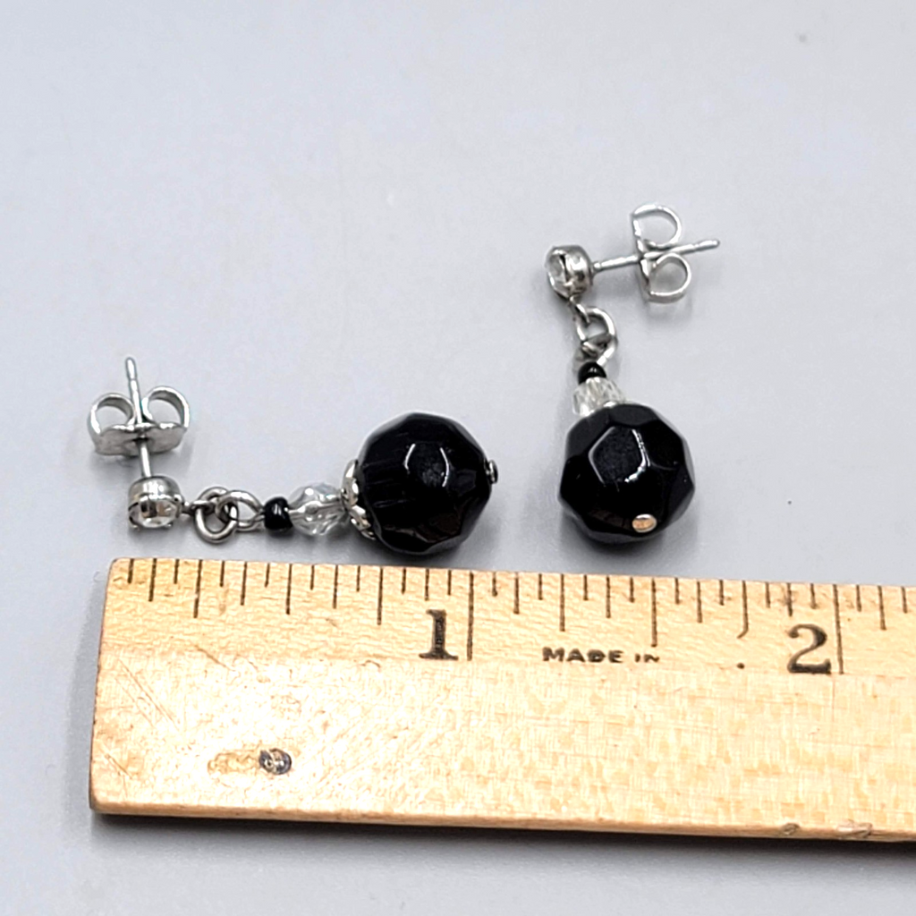 Black Glass Bead Rhinestone Pierced Earrings Silver tone Dangle 1"