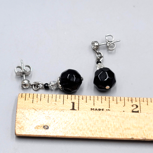 Black Glass Bead Rhinestone Pierced Earrings Silver tone Dangle 1"