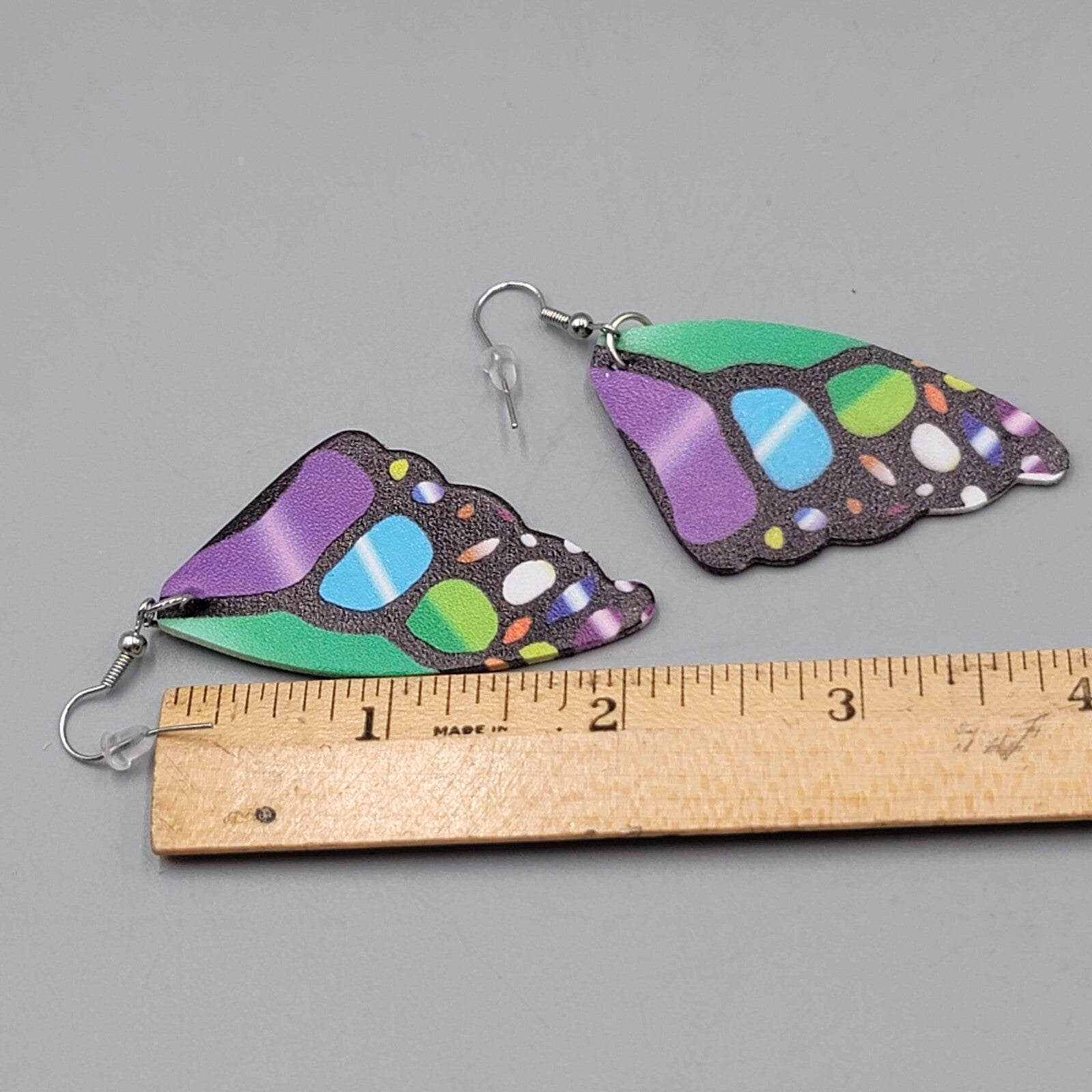 Butterfly Wing Pierced Earrings Multicolor Statement Dangle 2.25"