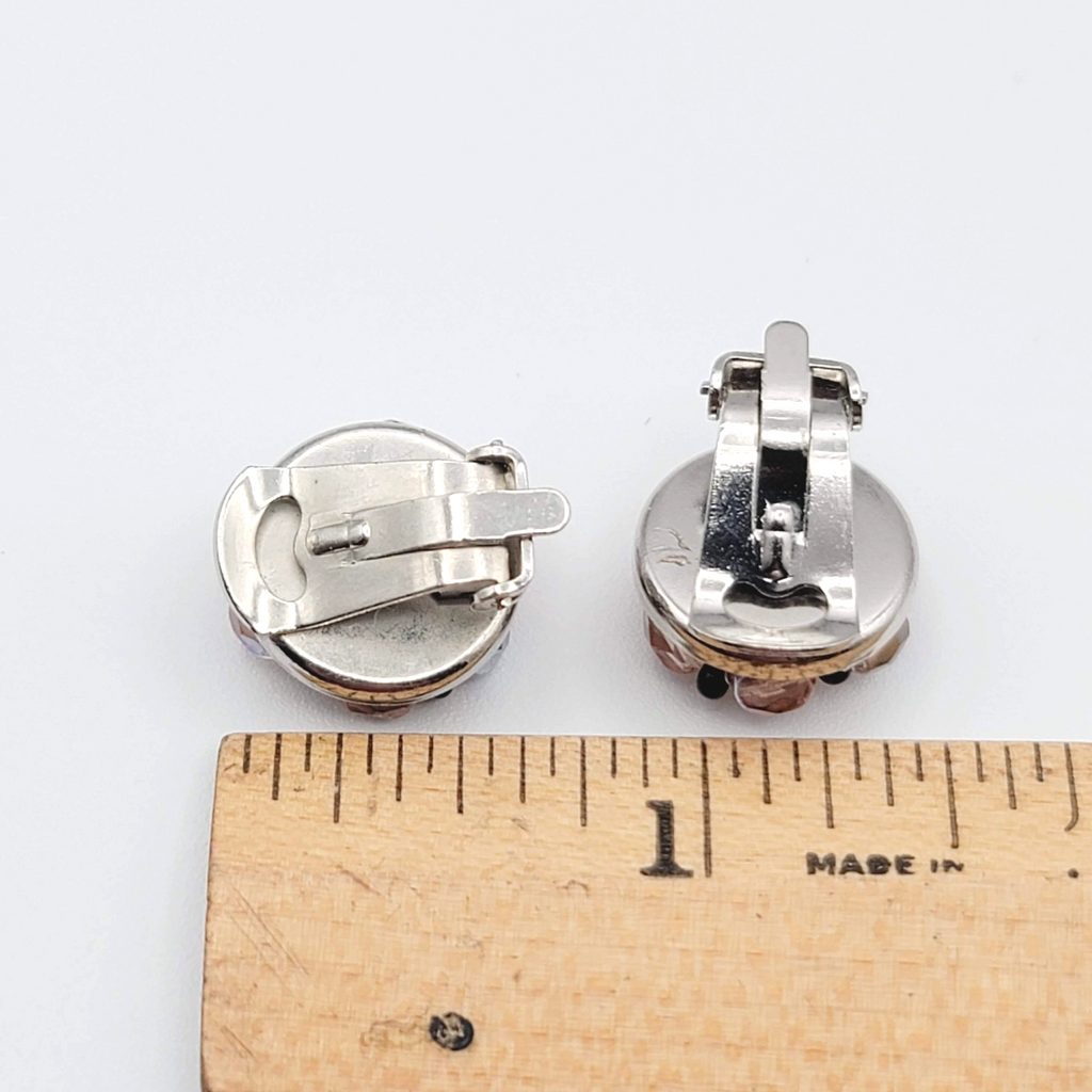 Vintage Pink Bead Stud Clip on Earrings Silver tone Round 5/8 in