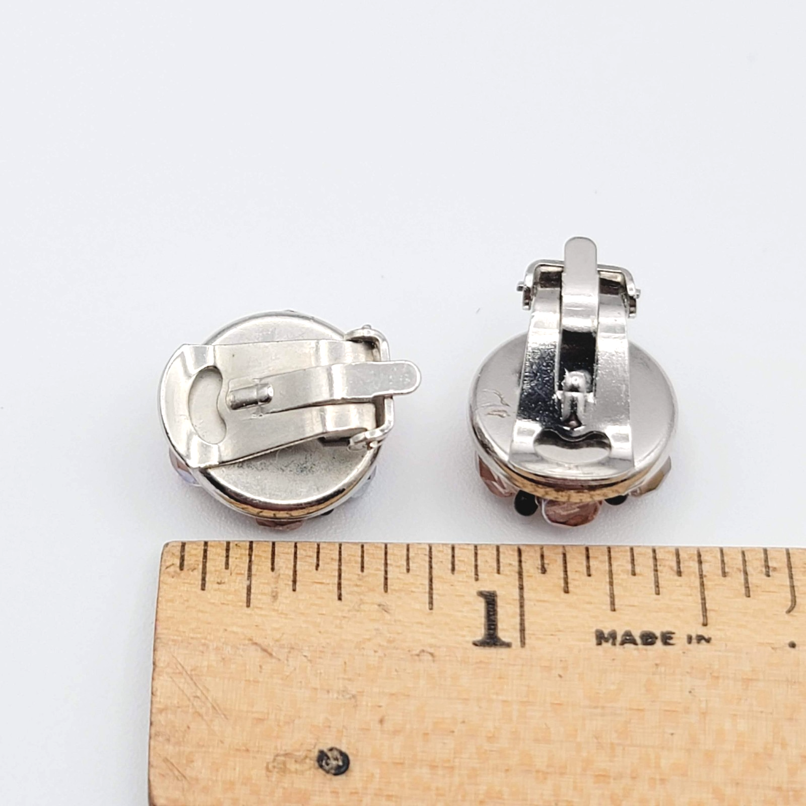 Vintage Pink Bead Stud Clip on Earrings Silver tone Round 5/8 in