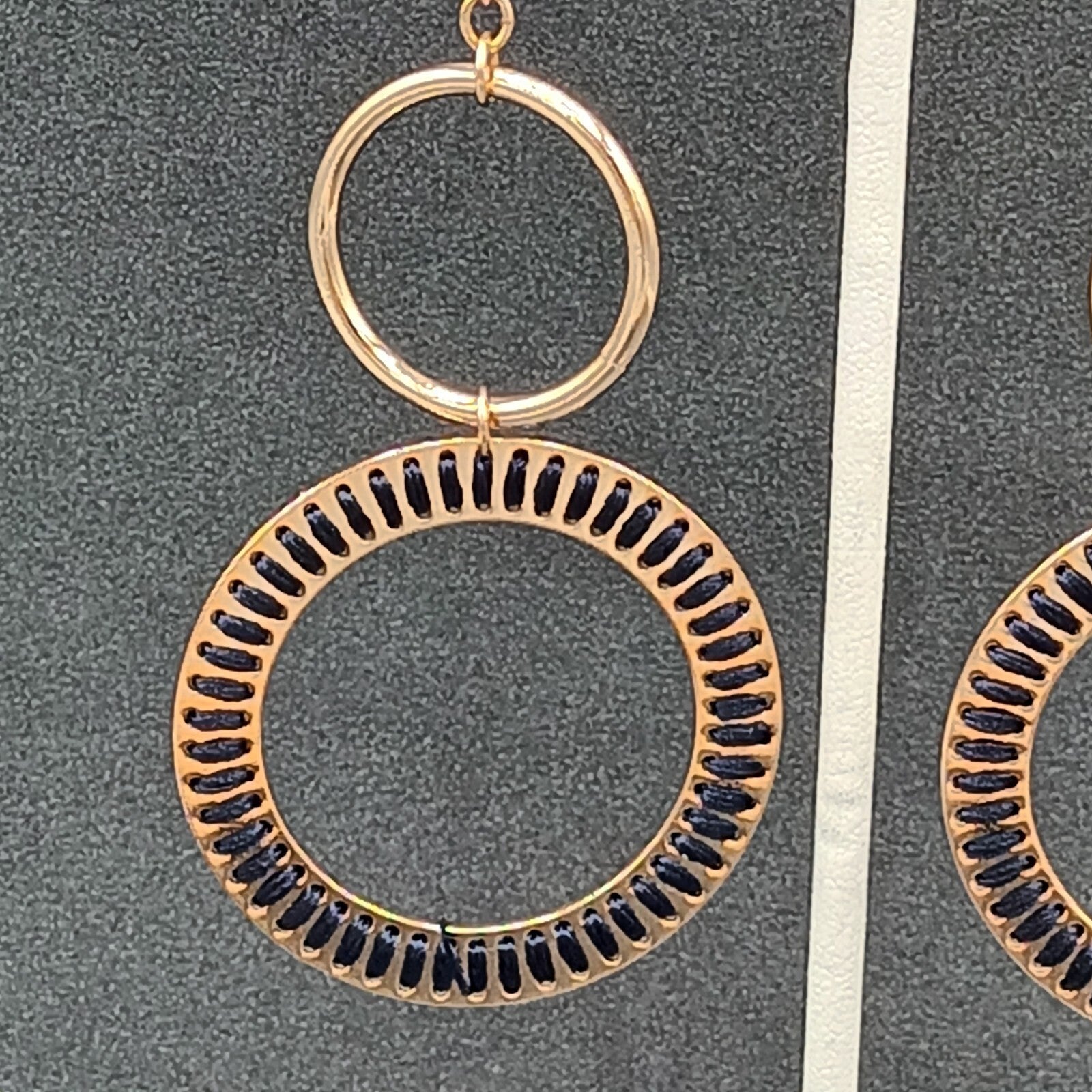 Pierced Earrings Gold tone Dangle Hoops Blue String Accents 2.75"