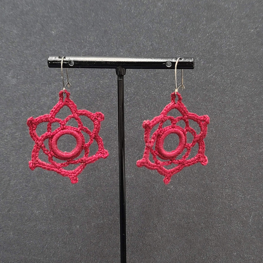 Pierced Earrings Hand Knitted Dangle Maroon Red 1.5"