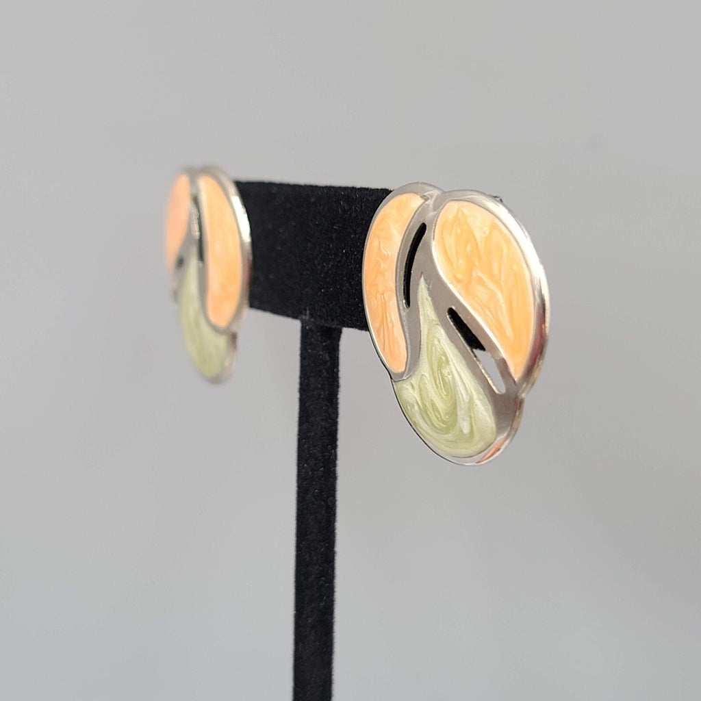 Vintage Pierced Earrings Silver tone Peach Sage Green Enamel Drop 1"