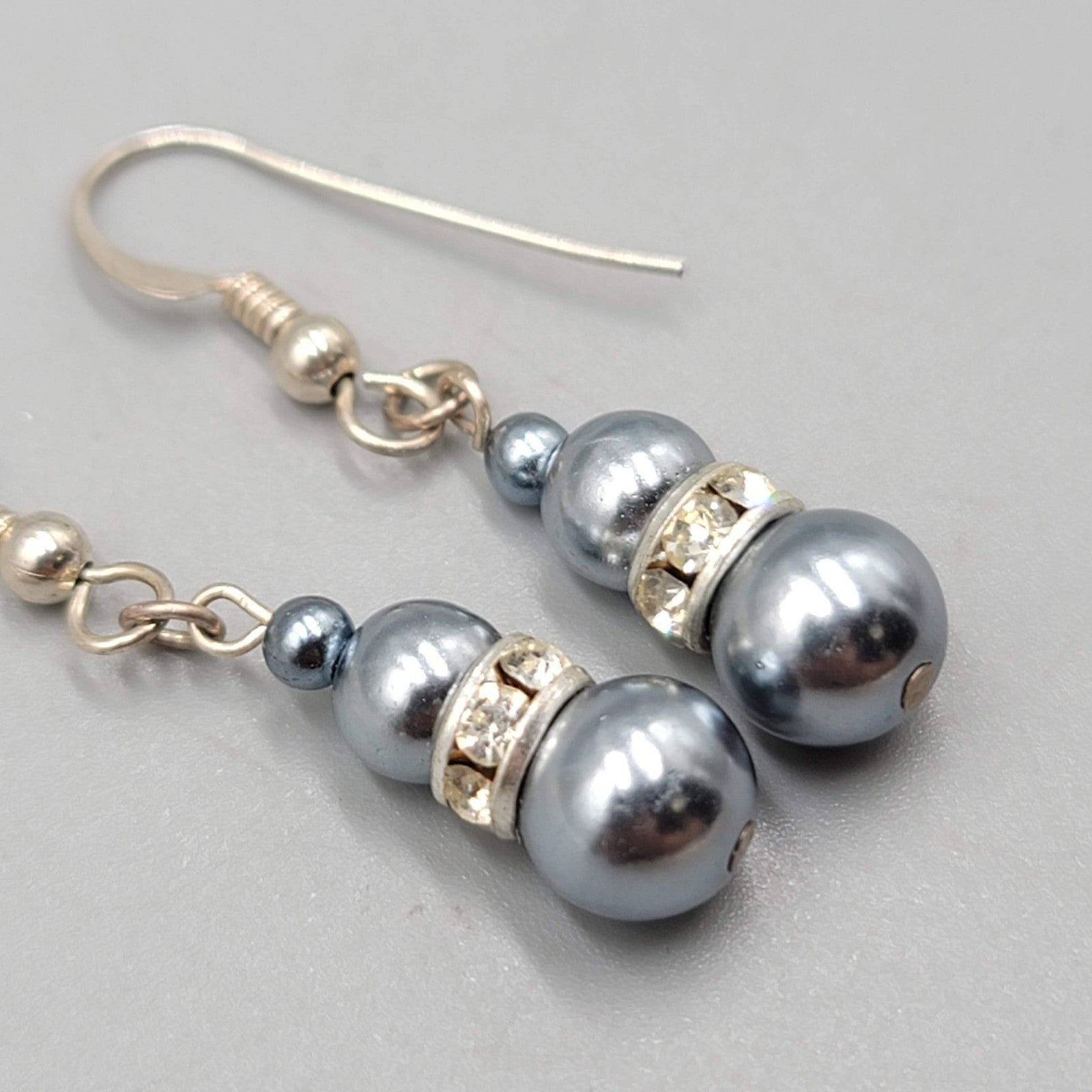 Faux Blue Pearl Bead Pierced Earrings Rhinestone Spacer Dangle 7/8"