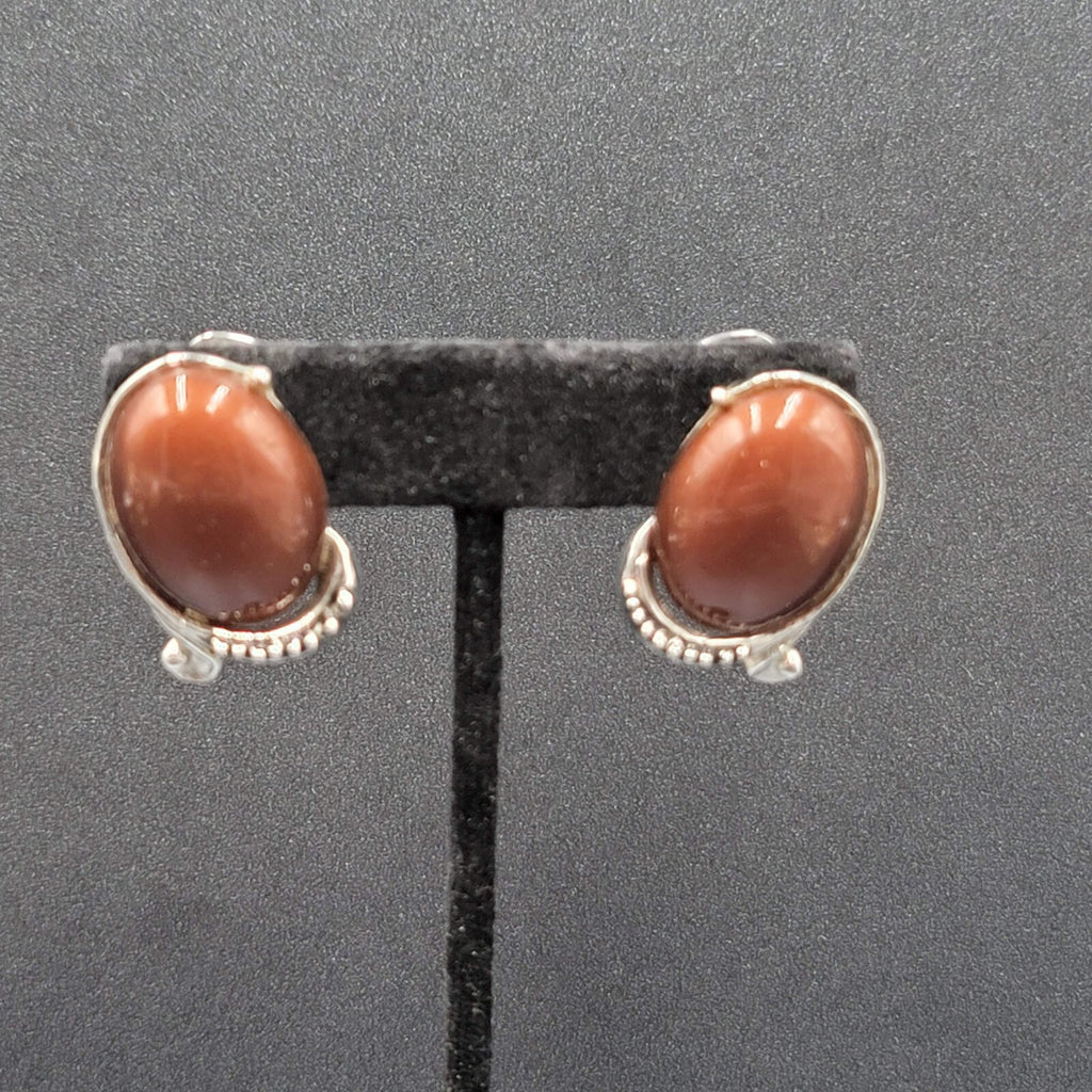 Vintage Clip on Earrings Silver tone Brown Oval Cabochon Acrylic Drop 1 1/8"