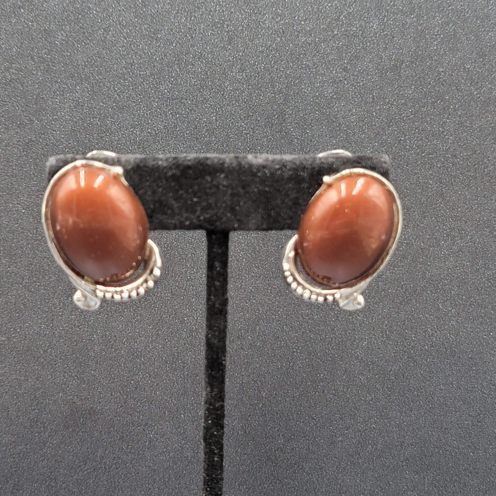 Vintage Clip on Earrings Silver tone Brown Oval Cabochon Acrylic Drop 1 1/8"