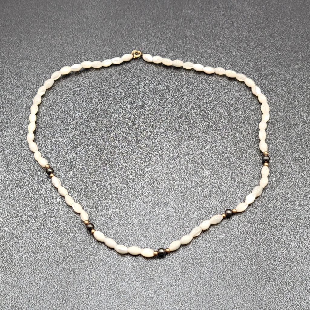 Vintage Mother of Pearl Hematite Gold Bead Necklace Gold Filled Clasp 16"