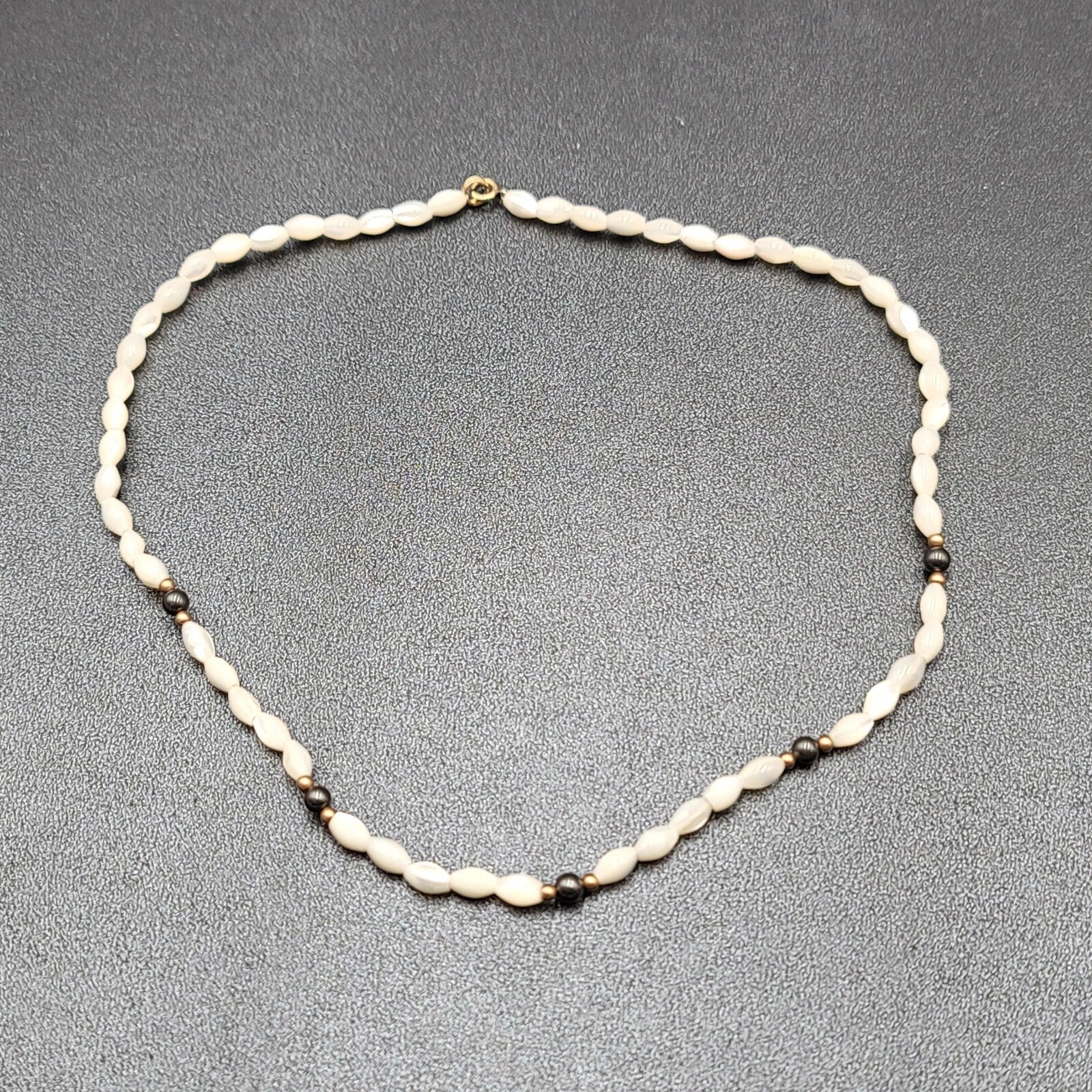 Vintage Mother of Pearl Hematite Gold Bead Necklace Gold Filled Clasp 16"