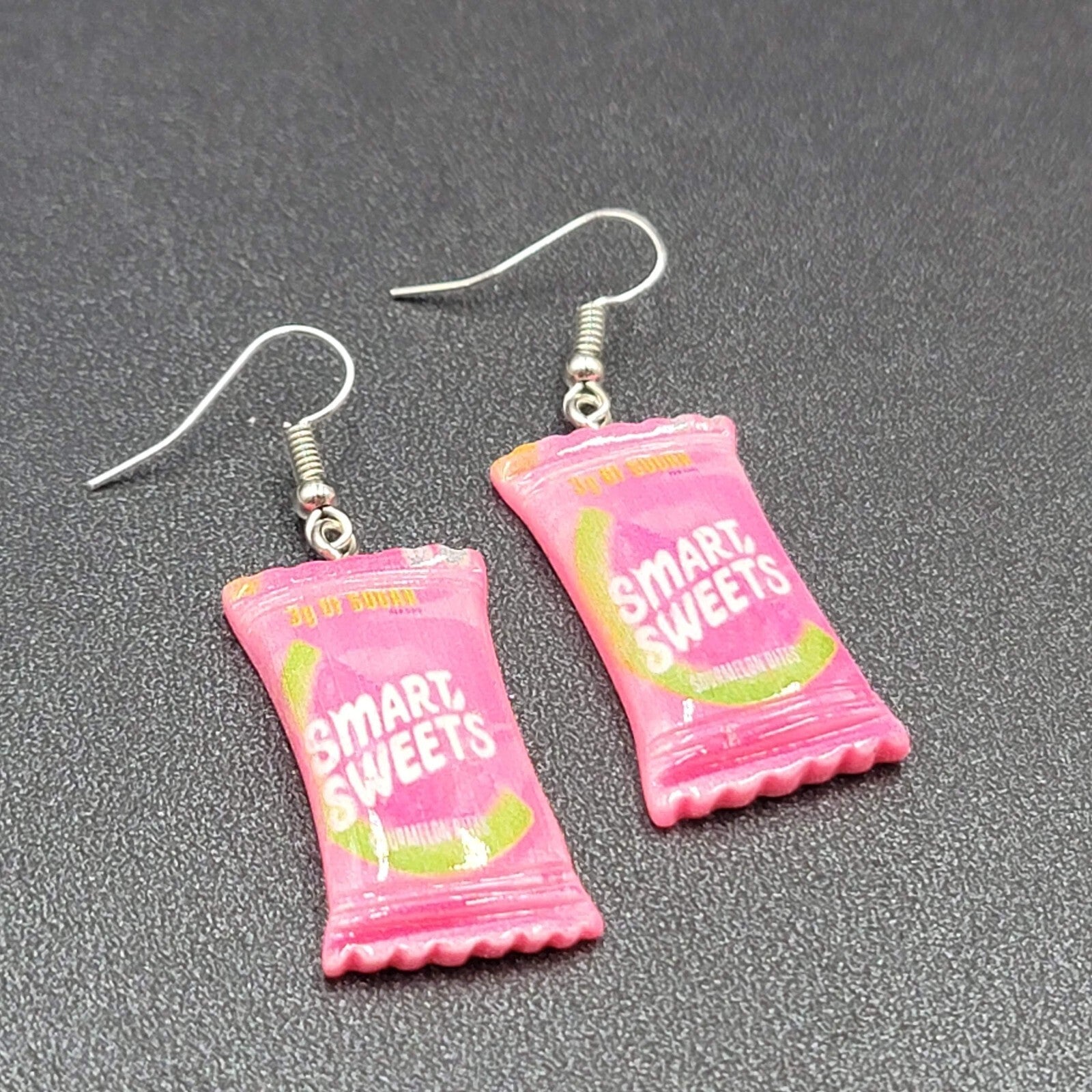 Smart Sweets Pierced Earrings Silver tone Candy Pink Dangle 1.25"