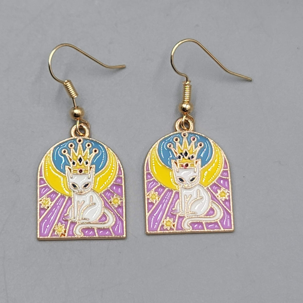 Kitty Cat in the Sun Enamel Pierced Earrings Gold tone Dangle 1 1/8"