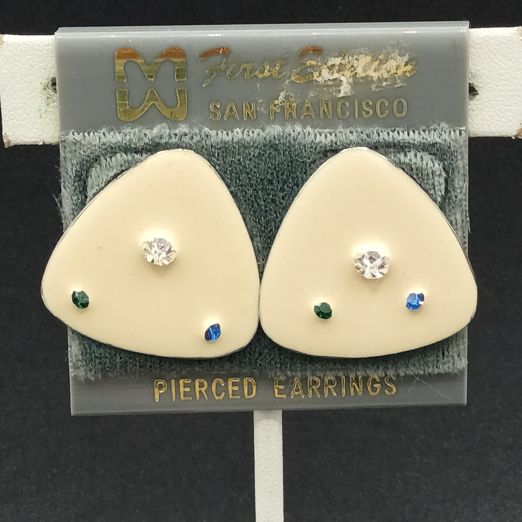 Vintage Pierced Earrings White Enamel Blue Clear Crystal Accent Triangle  1"