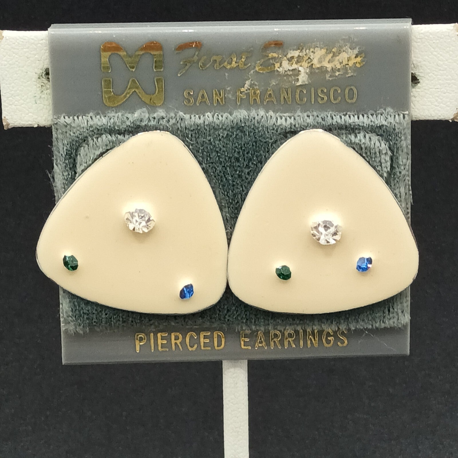 Vintage Pierced Earrings White Enamel Blue Clear Crystal Accent Triangle  1"