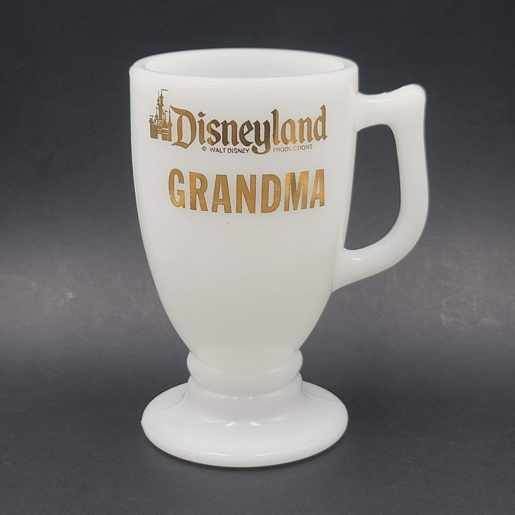 Vintage Disneyland Walt Disney Productions Gold Text Milk Glass Mug GRANDMA