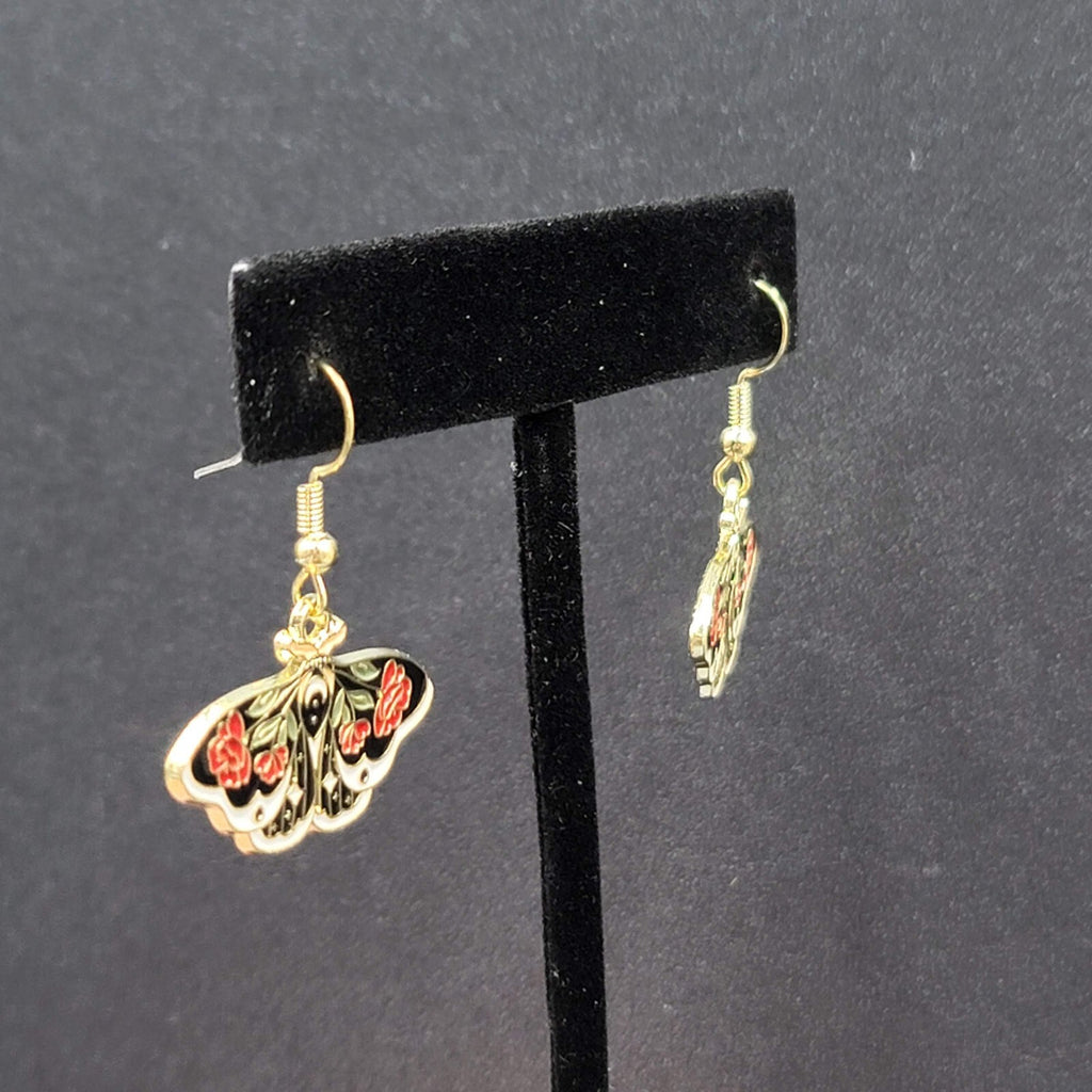Pierced Earrings Gold tone Enamel Red Rose Moth Dangle 3/4"