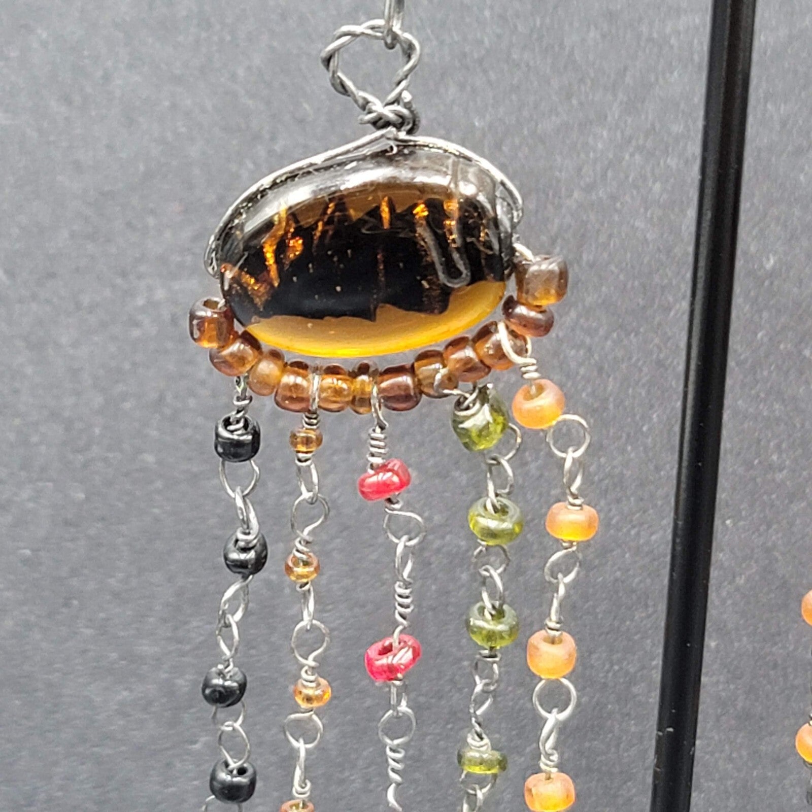 Boho Pierced Earrings Multi color Glass Beads Unusual Dangle Chains 2.75"