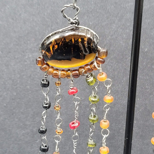 Boho Pierced Earrings Multi color Glass Beads Unusual Dangle Chains 2.75"