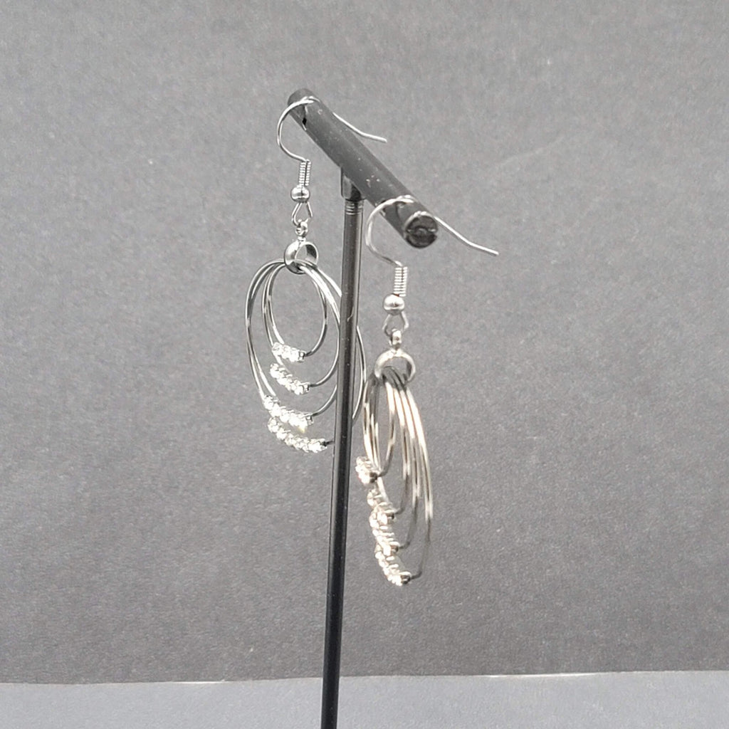 Pierced Earrings Black Metal Crystal Layered Hoops Dangle 1.75"