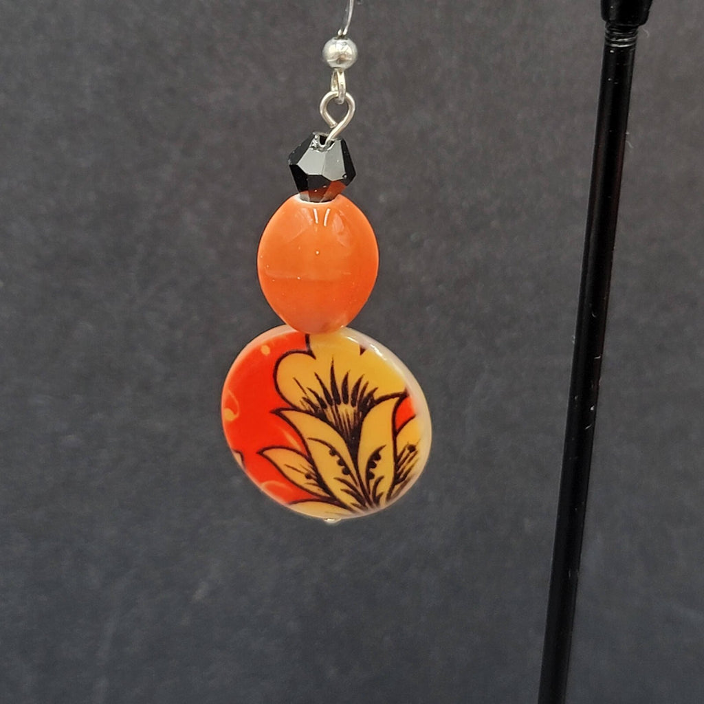 Pierced Earrings Orange Black Beads Flower Mother of Pearl Dangle 1 5/8"