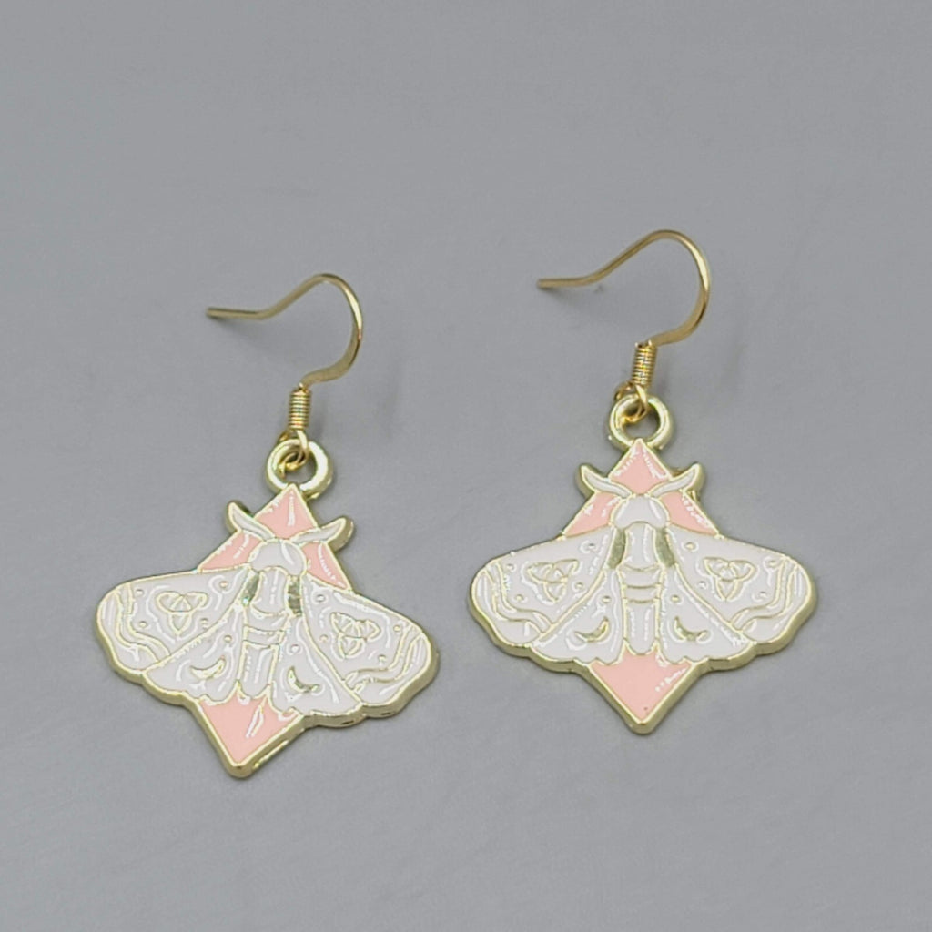 White Moth Pink Enamel Pierced Earrings Gold tone Dangle Butterfly 1"