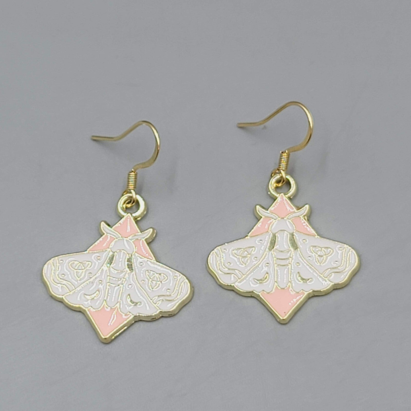 White Moth Pink Enamel Pierced Earrings Gold tone Dangle Butterfly 1"