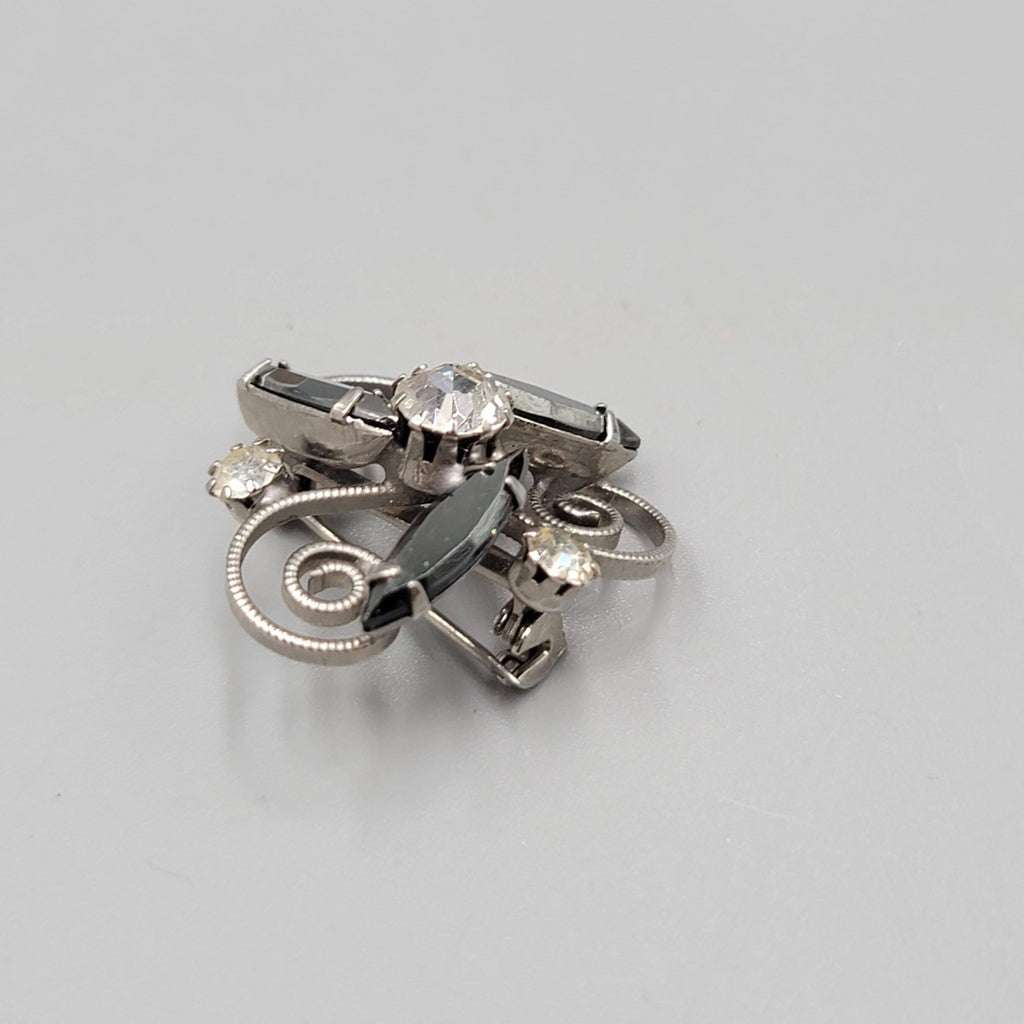 Vintage Black Hematite Rhinestone Brooch Silver tone Swirl 1 in