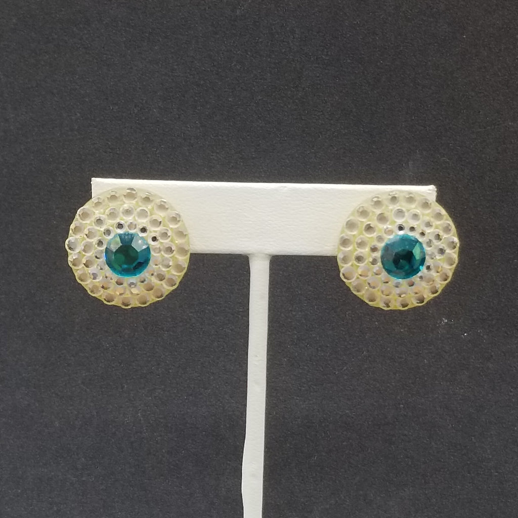 Clip on Earrings Blue Crystal Button Style Stud 7/8"