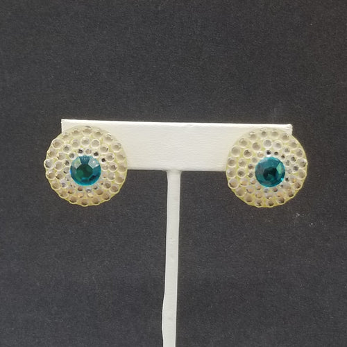 Clip on Earrings Blue Crystal Button Style Stud 7/8"