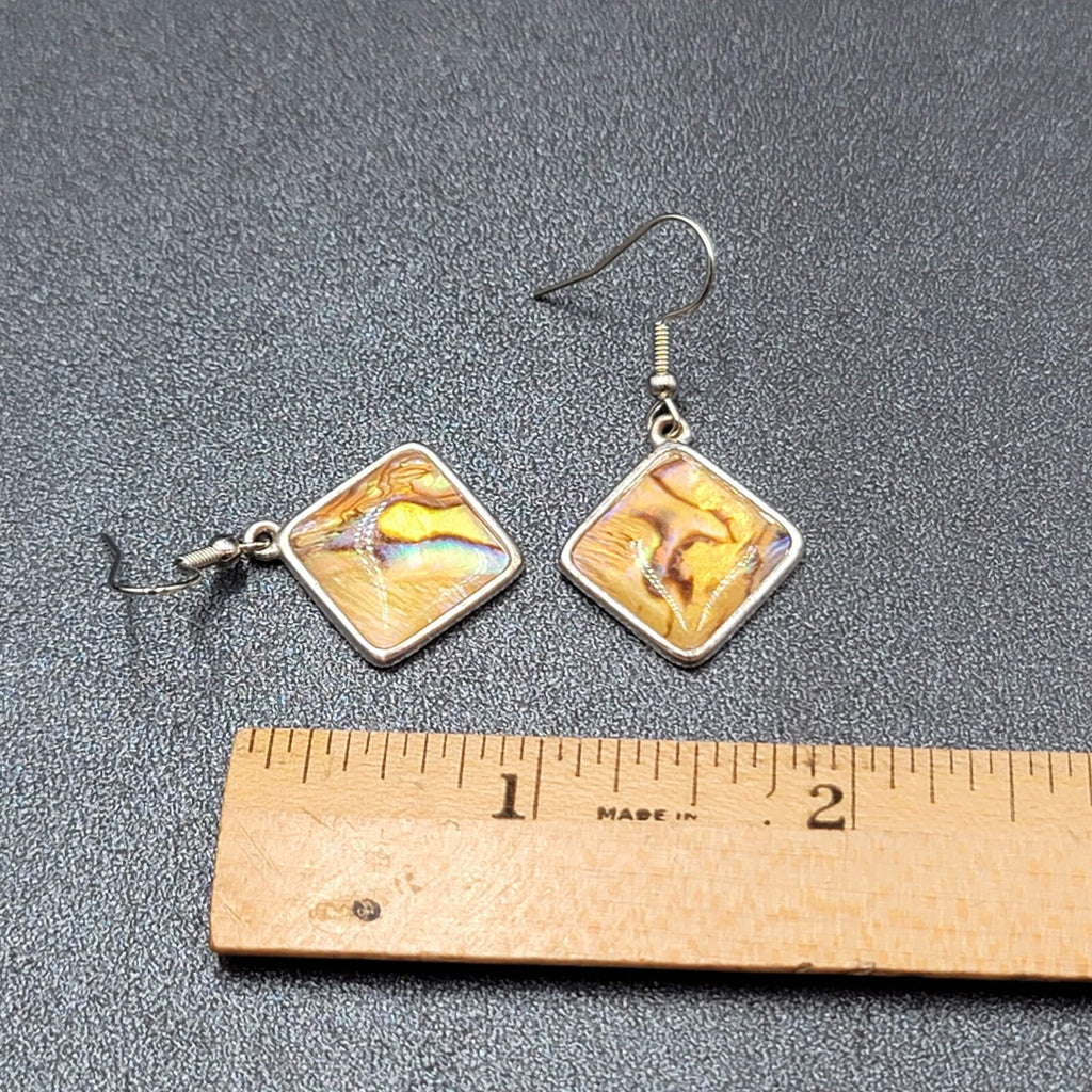 Pierced Earrings Silver tone Yellow Faux Abalone Square Dangle 7/8"