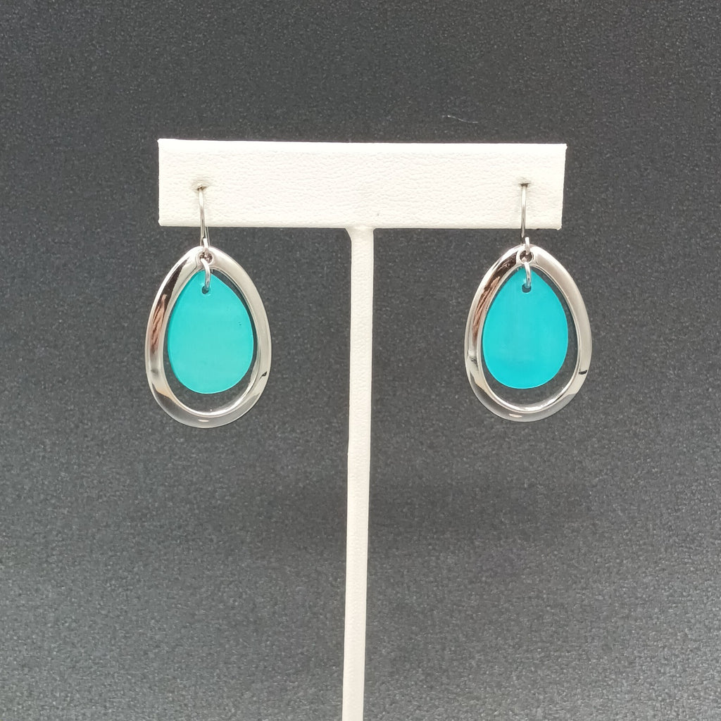 Pierced Earrings Silver tone Blue Teardrop Shell Dangle 1.25"