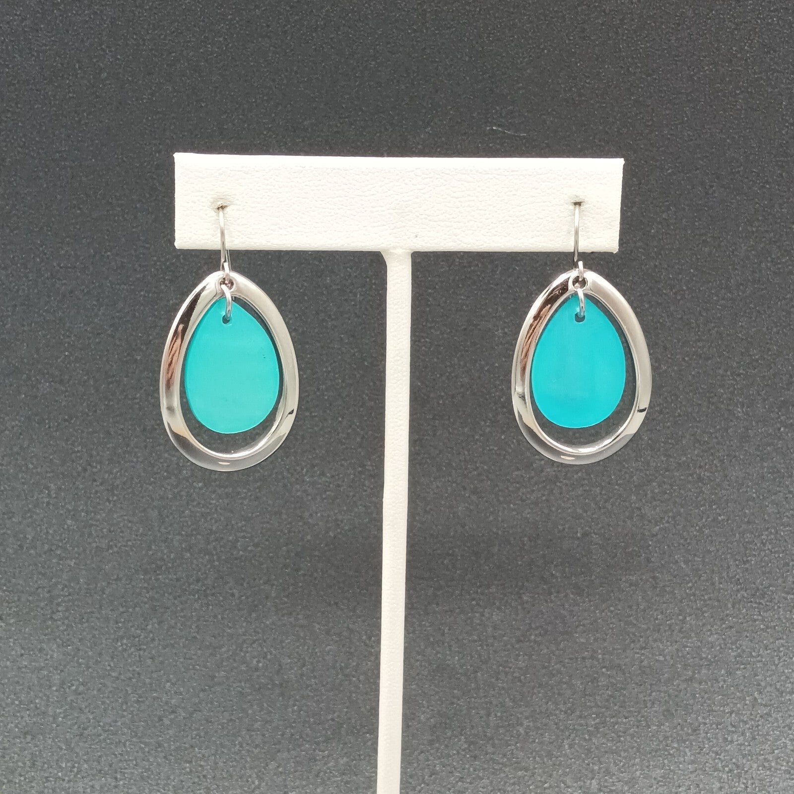 Pierced Earrings Silver tone Blue Teardrop Shell Dangle 1.25"