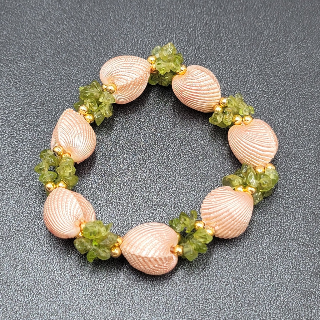 Real Seashell Bracelet Painted Pink Green Chip Gemstones Elastic  7"