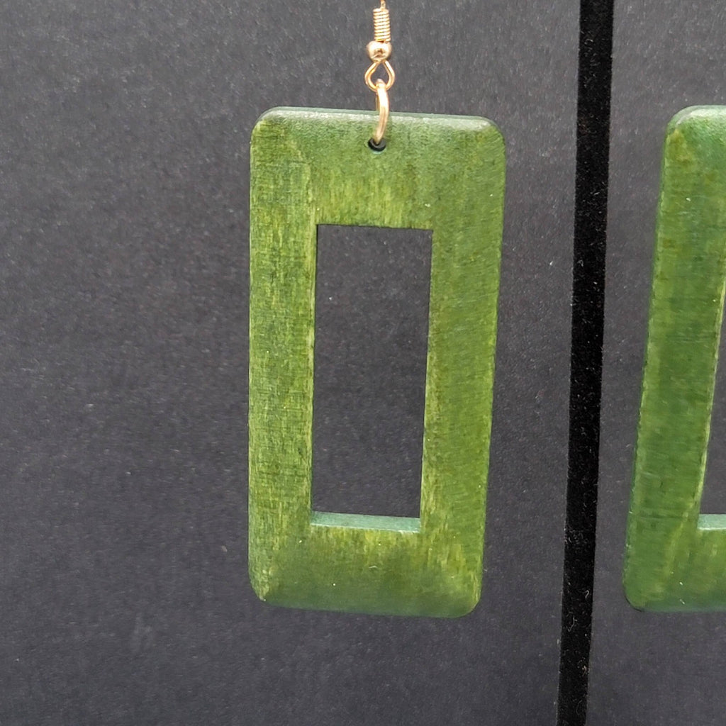 Pierced Earrings Large Green Wood Rectangle Statement Dangle 2.75"